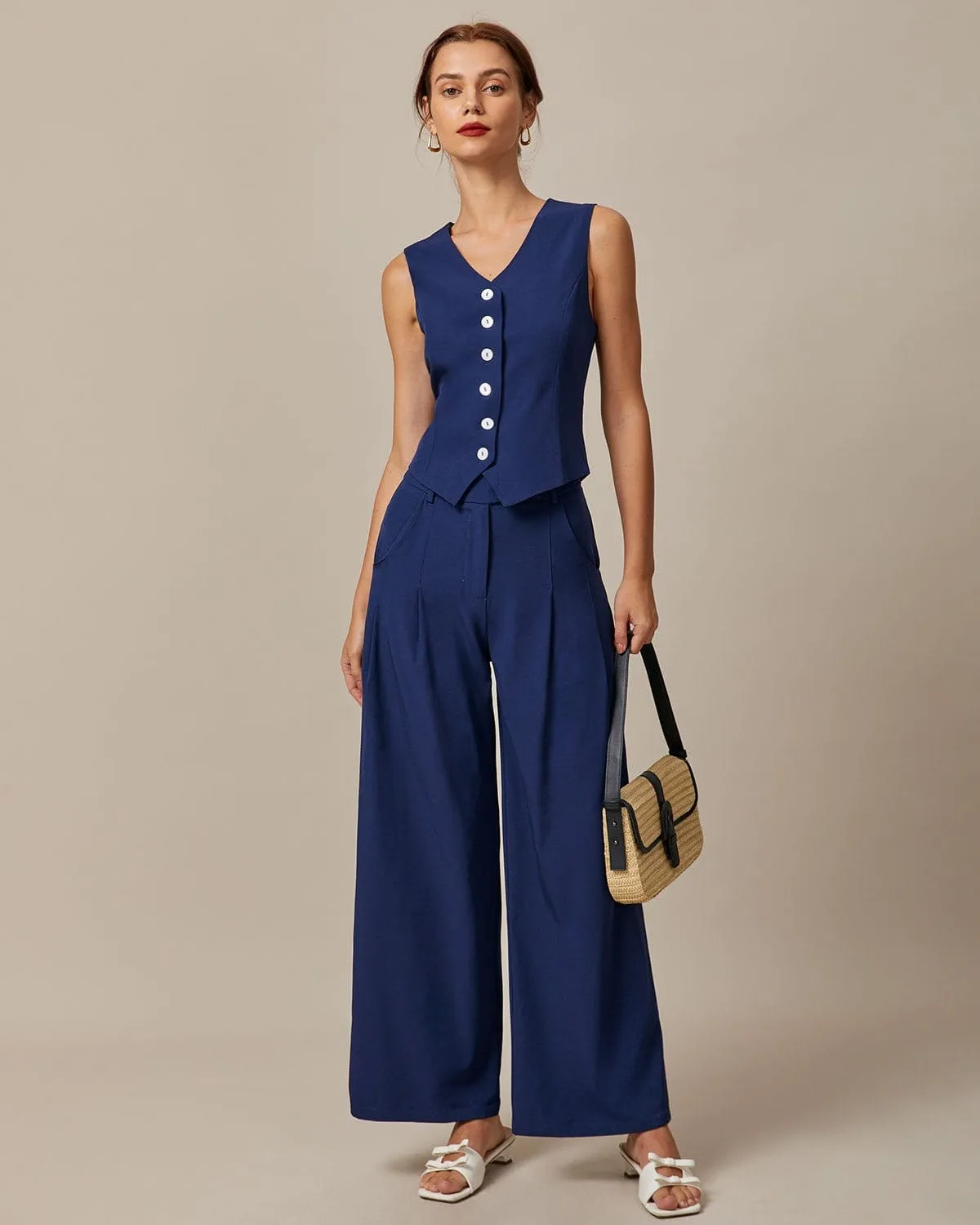 The Navy V Neck Button Up Sleeveless Vest sold by rihoas product image thumbnail 2