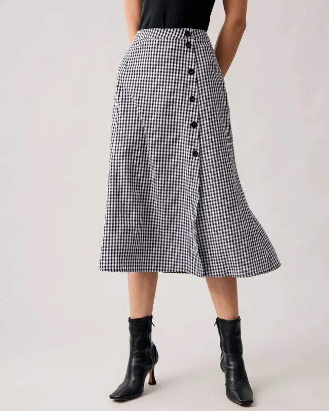 The Black High Waisted Plaid Slit Midi Skirt sold by rihoas