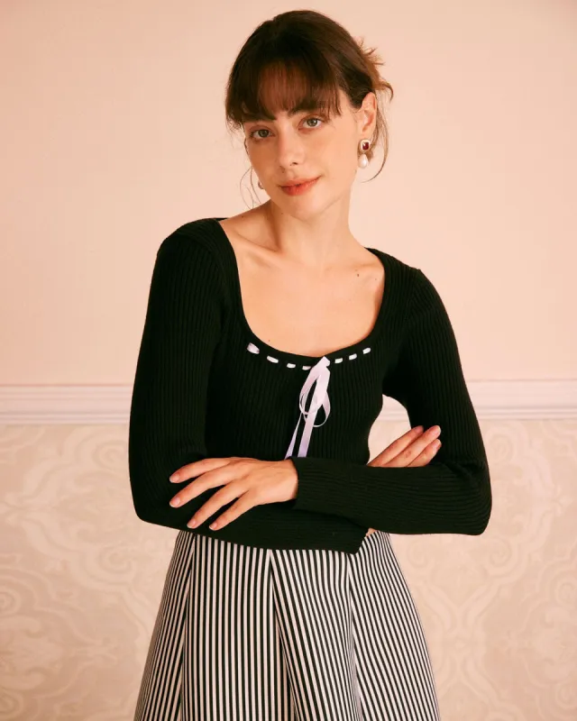 The Black Square Collar Tie Front Knit Top sold by rihoas