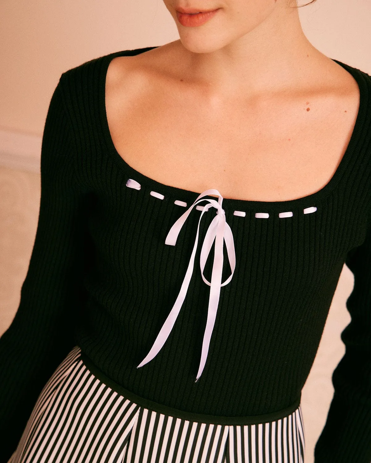 The Black Square Collar Tie Front Knit Top sold by rihoas product image thumbnail 3