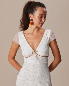 The White V Neck Floral Contrasting Mini Dress sold by rihoas