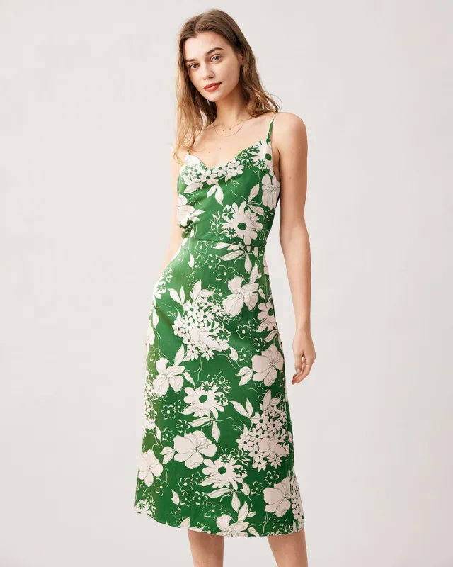 The Green Cowl Neck Floral Back Slit Midi Dress sold by rihoas