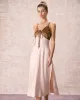 The Khaki V-Neck Colorblock Satin Midi Dress sold by rihoas