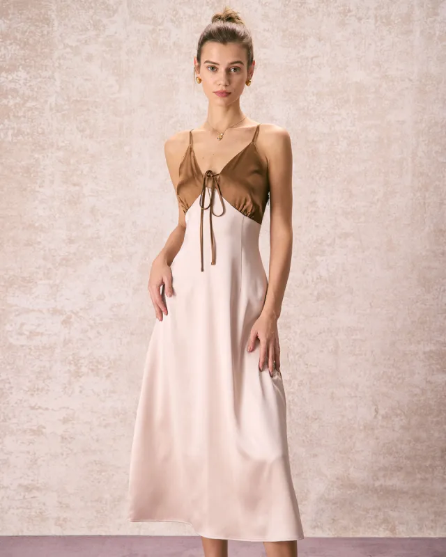 The Khaki V-Neck Colorblock Satin Midi Dress sold by rihoas