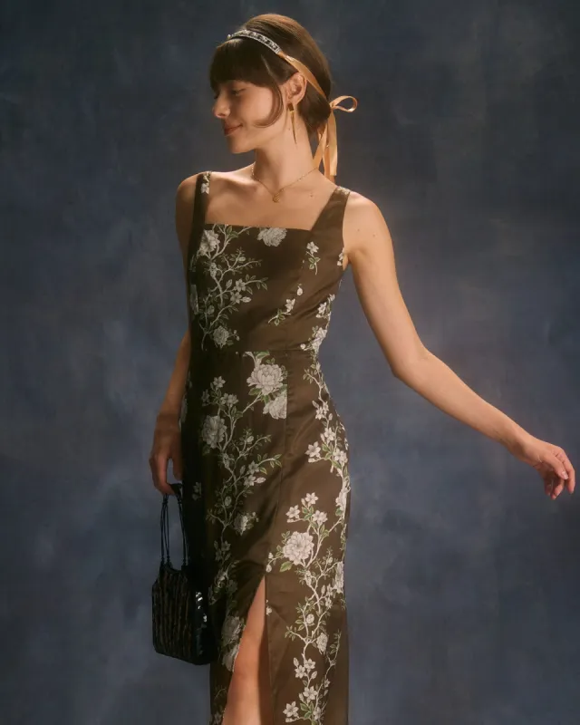 The Brown Square Neck Floral Satin Maxi Dress made by rihoas