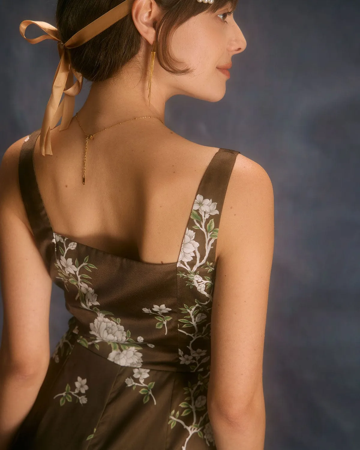 The Brown Square Neck Floral Satin Maxi Dress sold by rihoas product image thumbnail 5