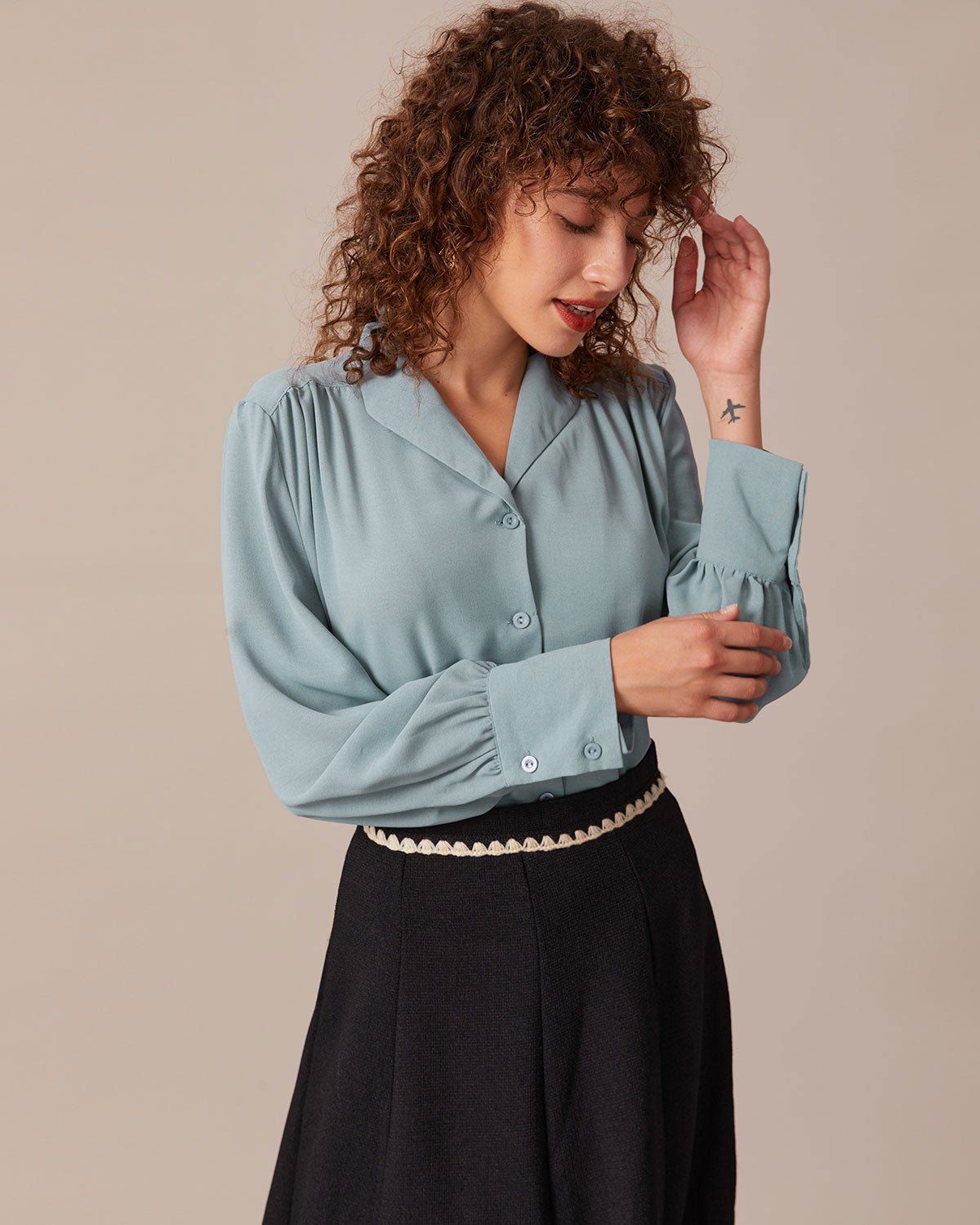 The Blue Lapel Ruched Long Sleeve Blouse sold by rihoas product image thumbnail 5