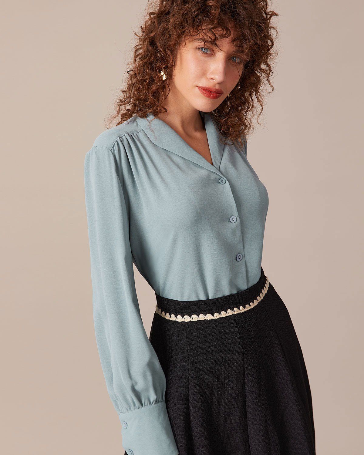 The Blue Lapel Ruched Long Sleeve Blouse sold by rihoas product image thumbnail 3