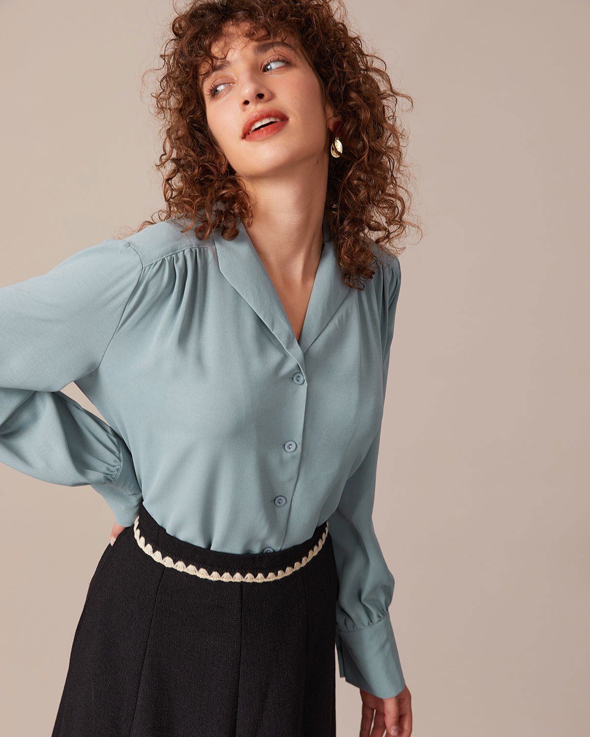 The Blue Lapel Ruched Long Sleeve Blouse sold by rihoas product image thumbnail 4