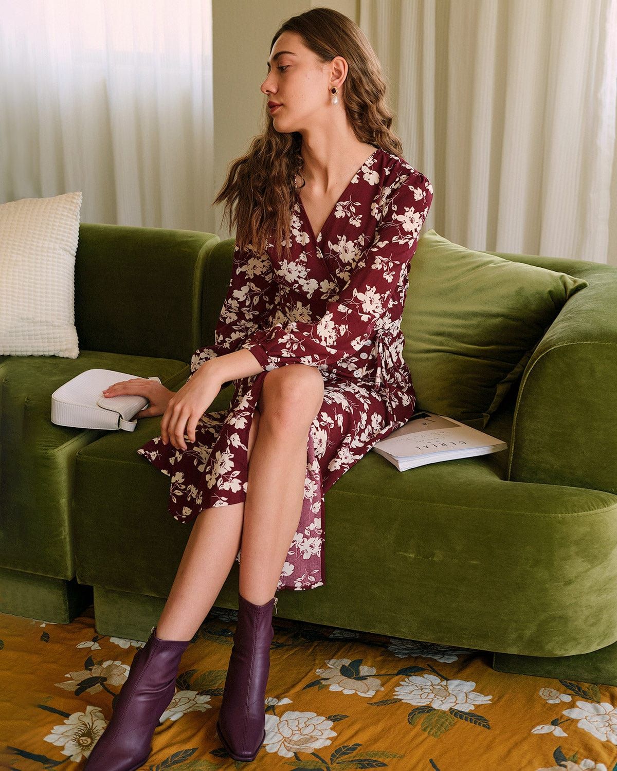 The Floral Long Sleeve Wrap Midi Dress sold by rihoas product image thumbnail 4