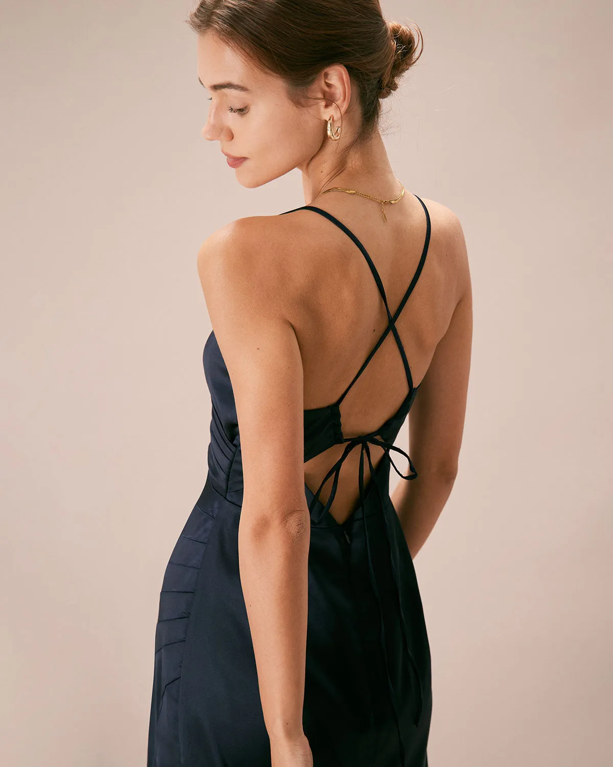 The Navy V-Neck Ruched Satin Sling Maxi Dress sold by rihoas product image thumbnail 4