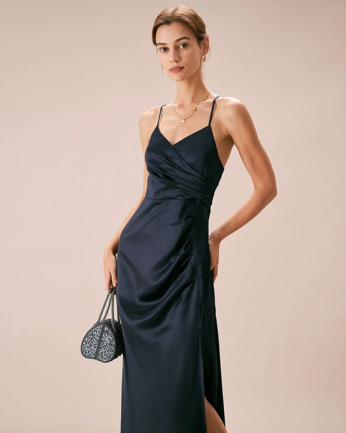 The Navy V-Neck Ruched Satin Sling Maxi Dress sold by rihoas product image thumbnail 5