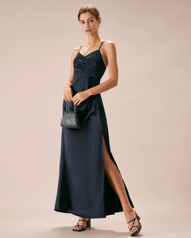 The Navy V-Neck Ruched Satin Sling Maxi Dress sold by rihoas