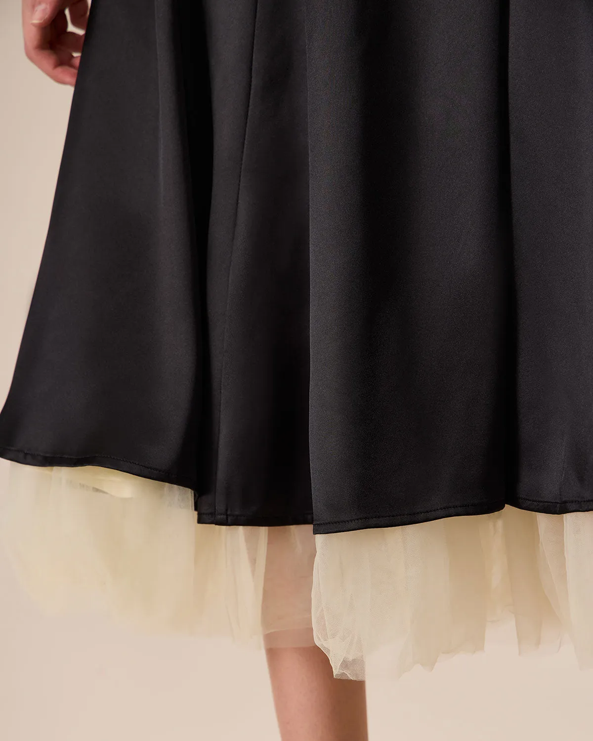 Women's Black Splicing Satin Slip Midi Dress sold by rihoas product image thumbnail 4