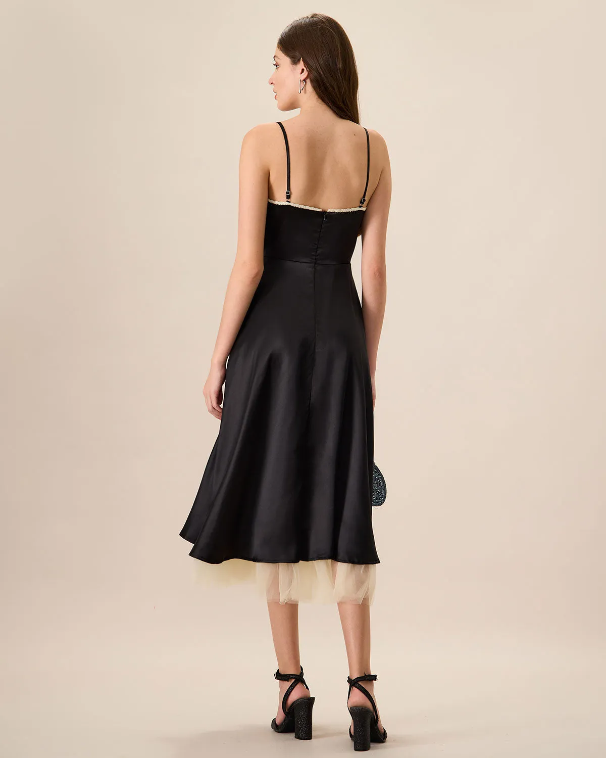 Women's Black Splicing Satin Slip Midi Dress sold by rihoas product image thumbnail 5