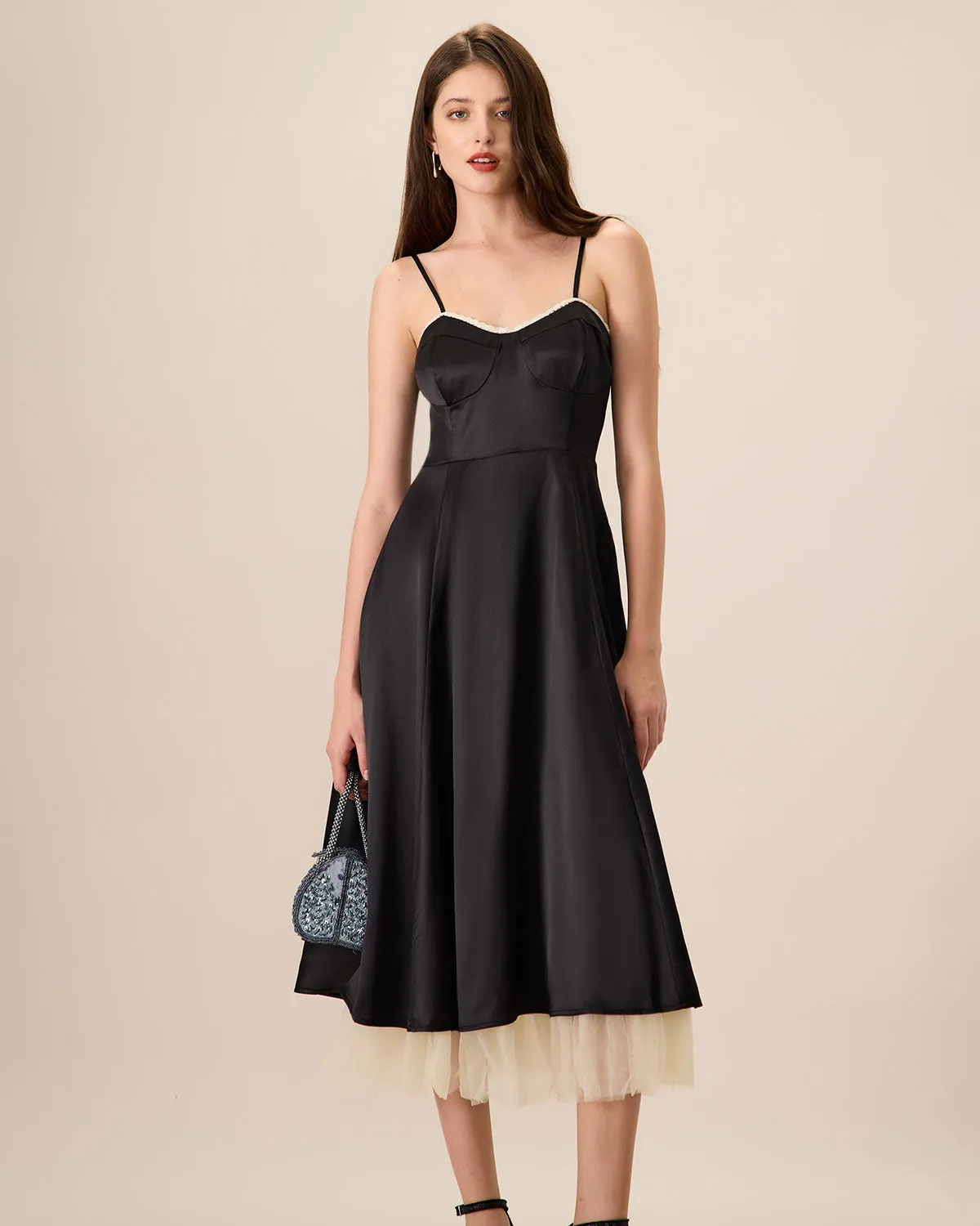 Women's Black Splicing Satin Slip Midi Dress sold by rihoas product image thumbnail 3
