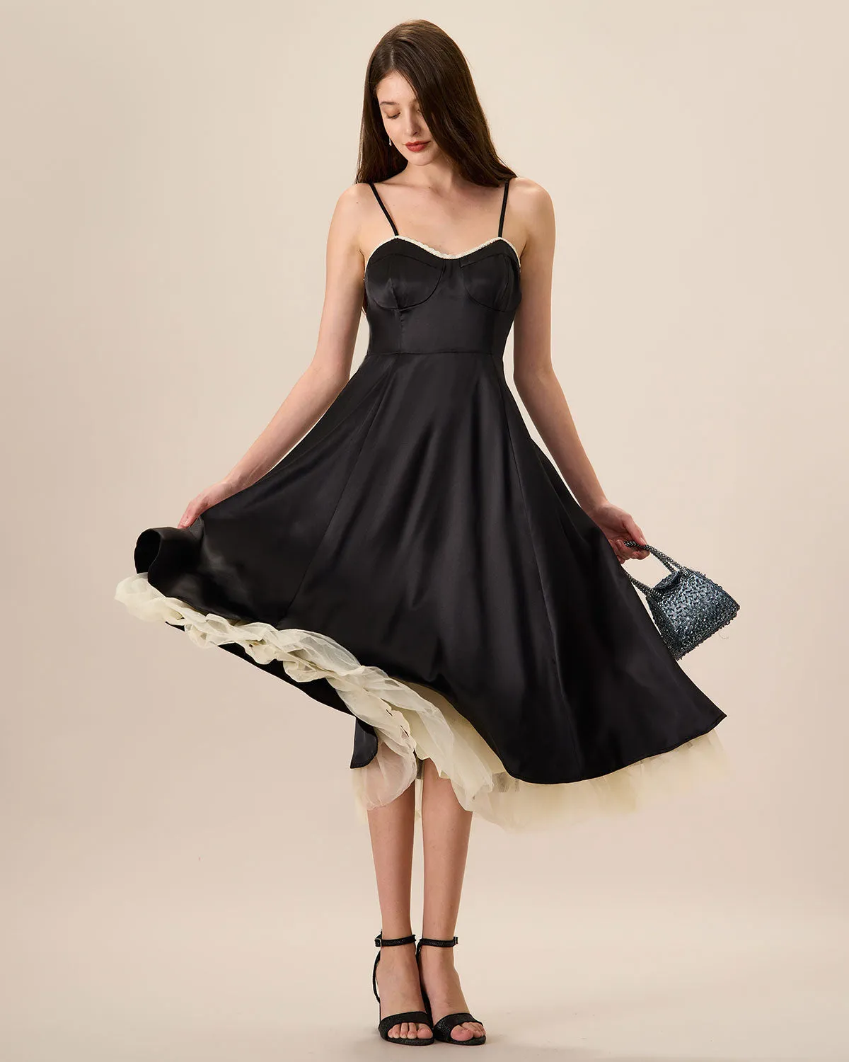 Women's Black Splicing Satin Slip Midi Dress sold by rihoas