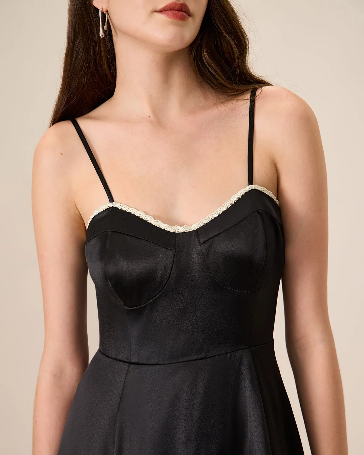 Women's Black Splicing Satin Slip Midi Dress sold by rihoas product image thumbnail 2