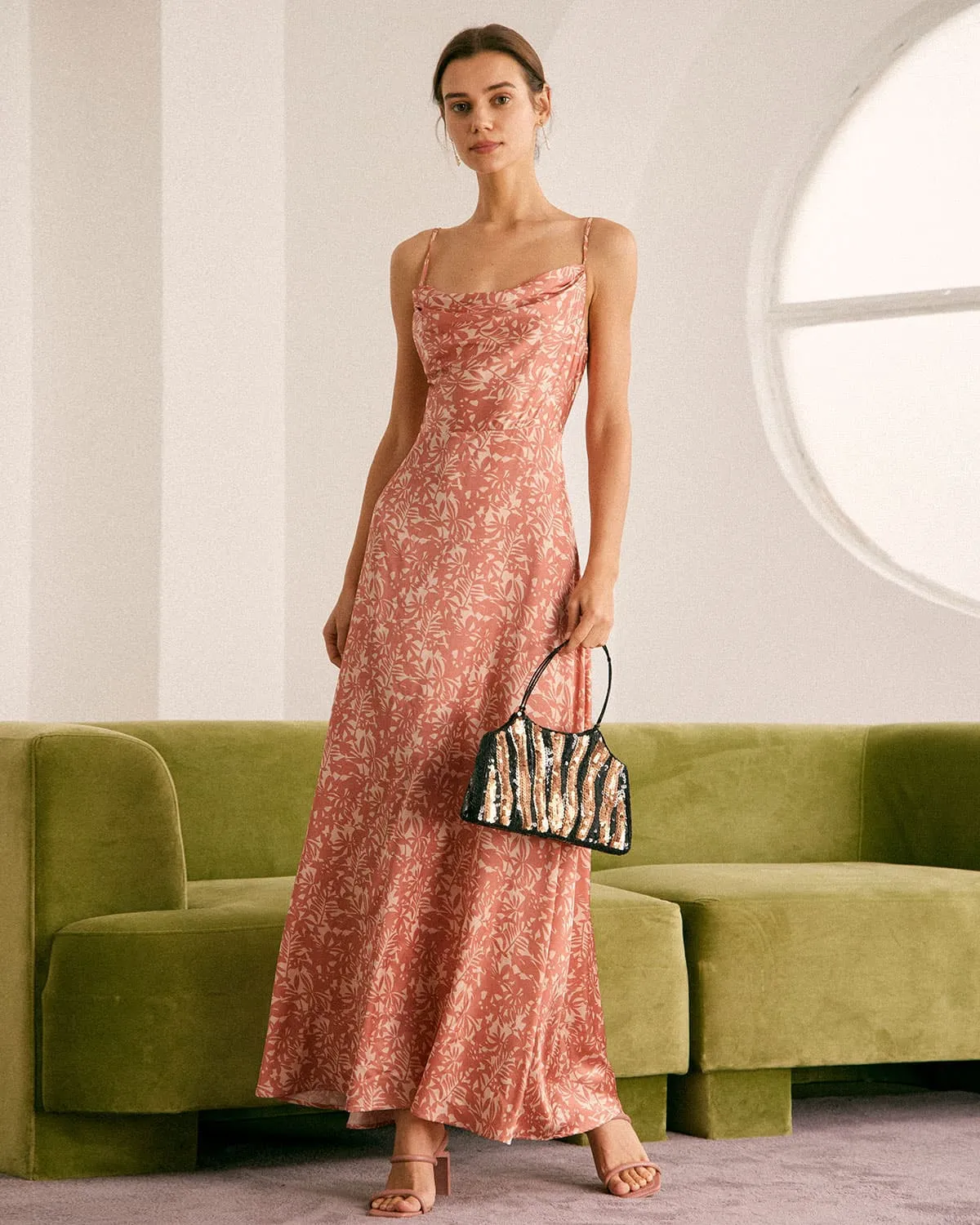 The Light Orange Cowl Neck Floral Maxi Dress sold by rihoas product image thumbnail 5