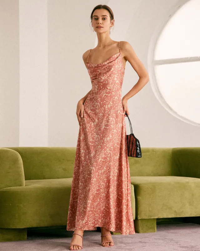 The Light Orange Cowl Neck Floral Maxi Dress sold by rihoas