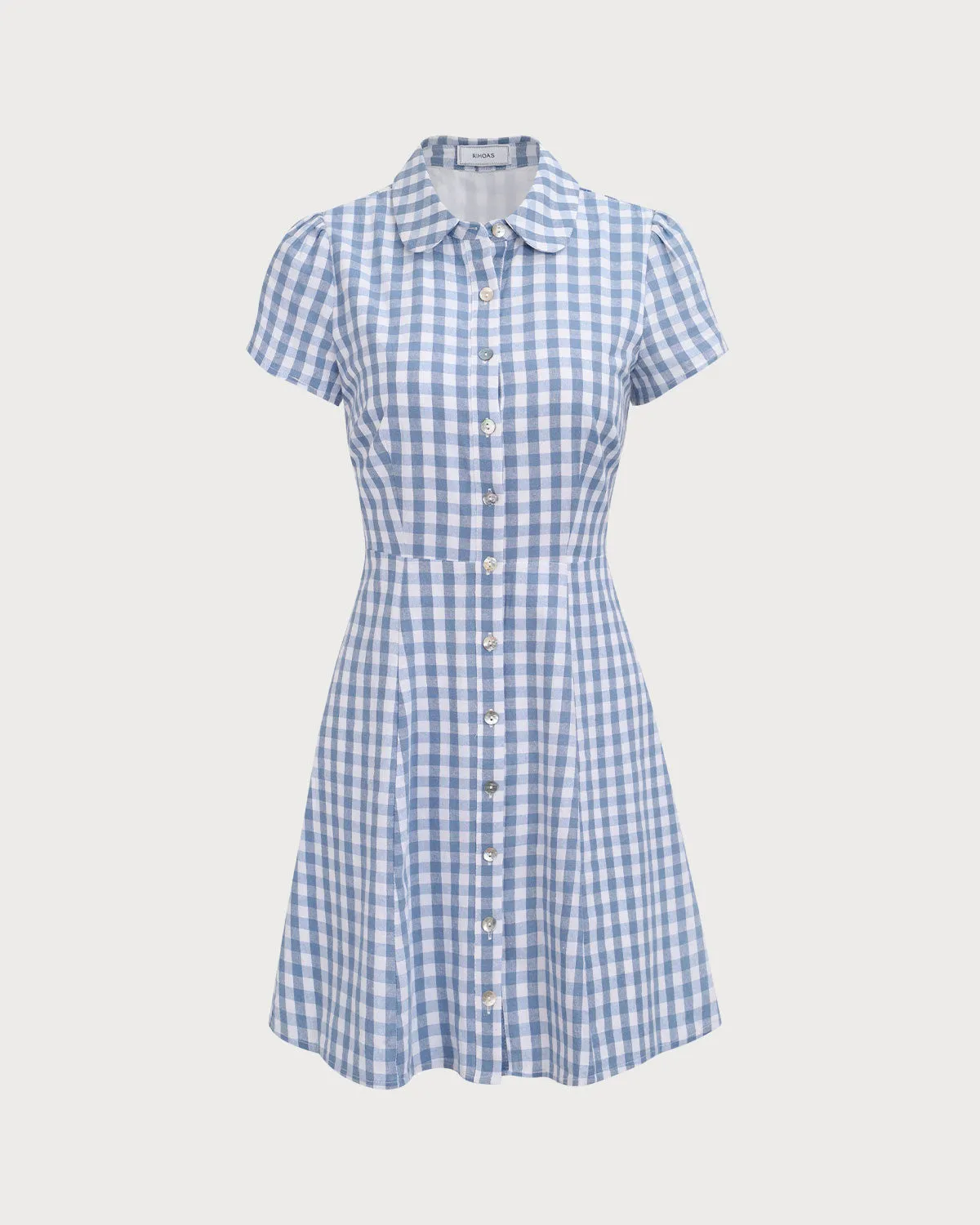 Women's Blue Plaid Lapel Cotton Mini Dress sold by rihoas product image thumbnail 5