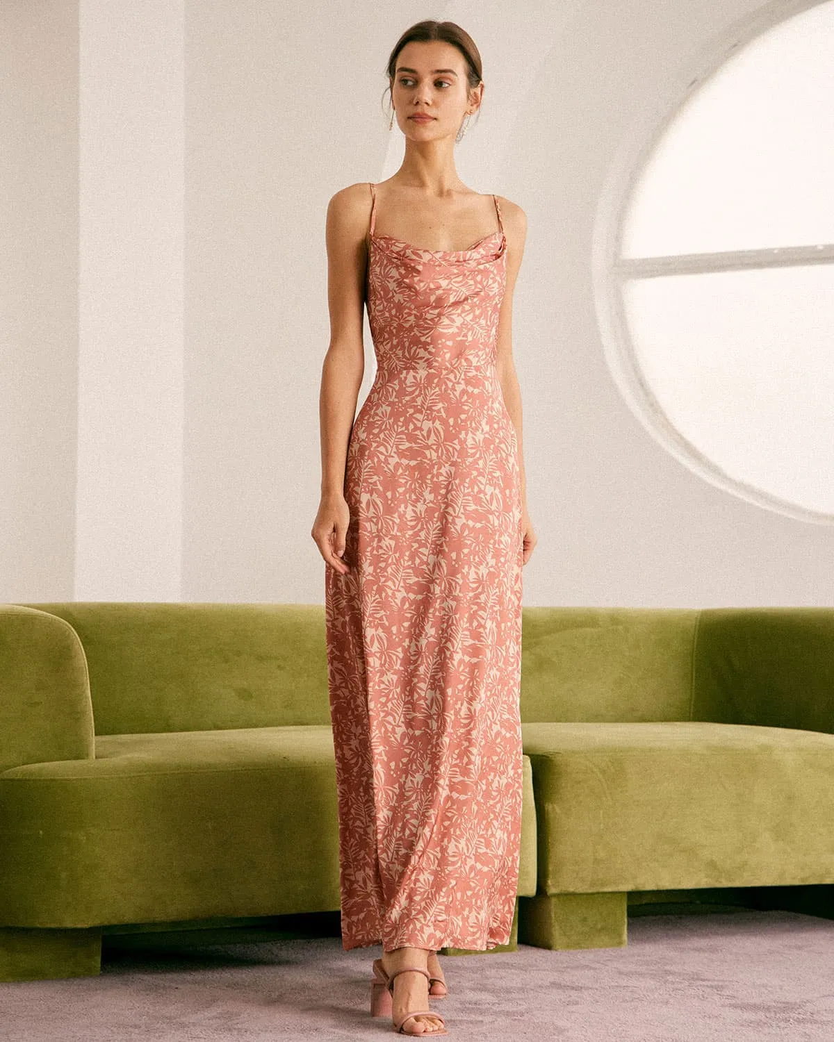 The Light Orange Cowl Neck Floral Maxi Dress sold by rihoas product image thumbnail 3