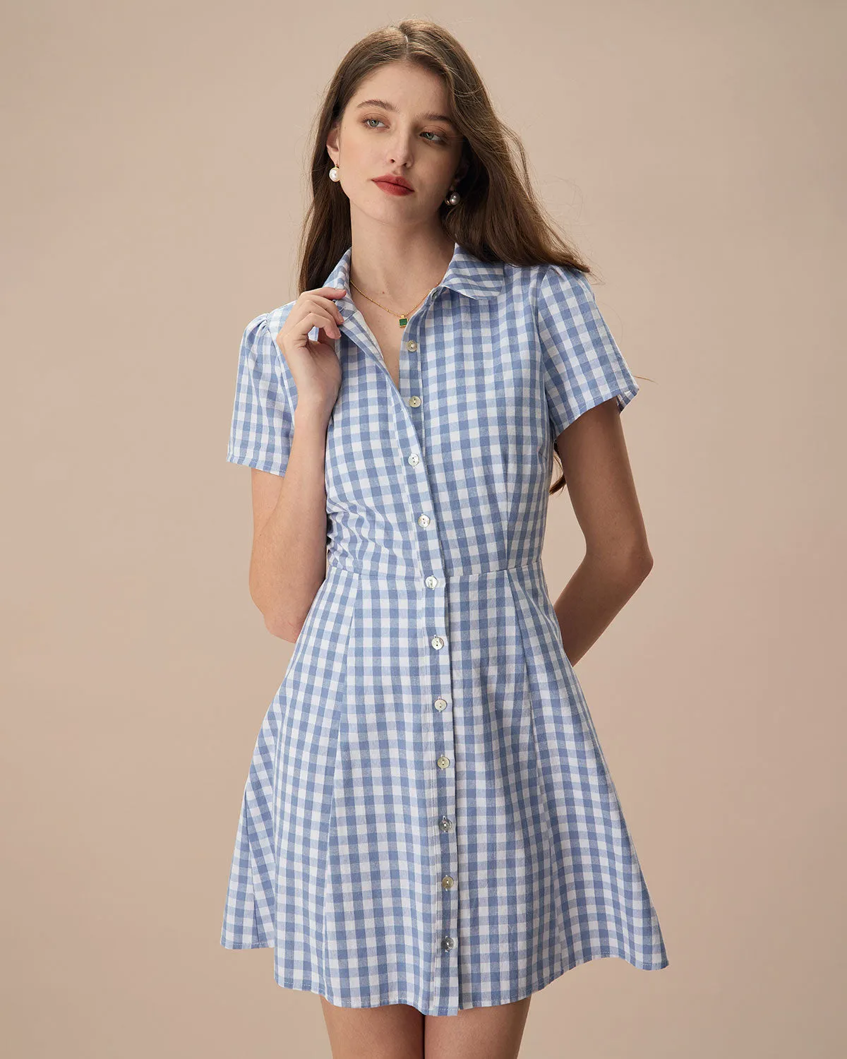 Women's Blue Plaid Lapel Cotton Mini Dress sold by rihoas