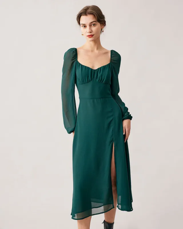 The Green Sweetheart Neck Sheer Sleeve Slit Midi Dress sold by rihoas