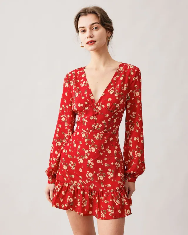 The Red V Neck Floral Long Sleeve Ruffle Mini Dress sold by rihoas