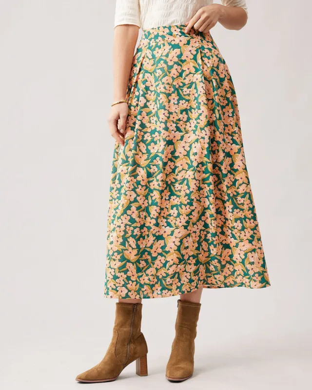The High Waisted Pleated Floral Midi Skirt sold by rihoas