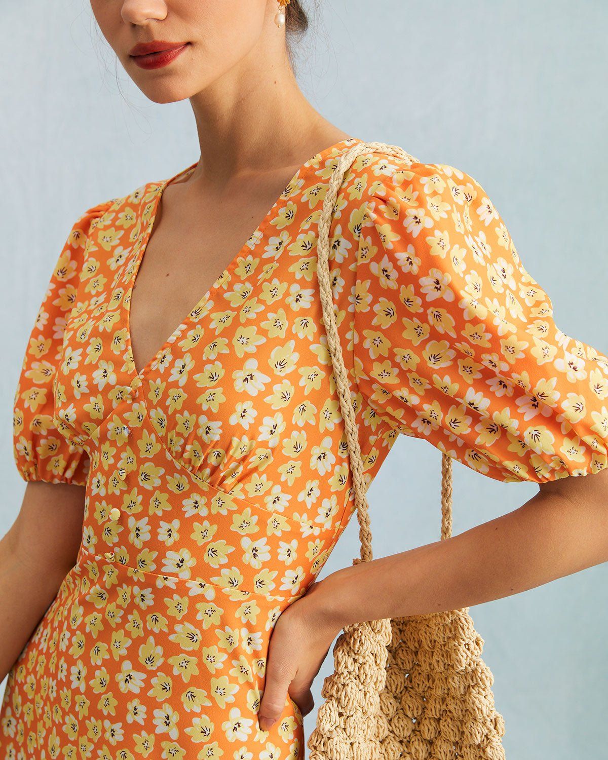 The Orange V Neck Floral Puff Sleeve Mini Dress sold by rihoas product image thumbnail 5