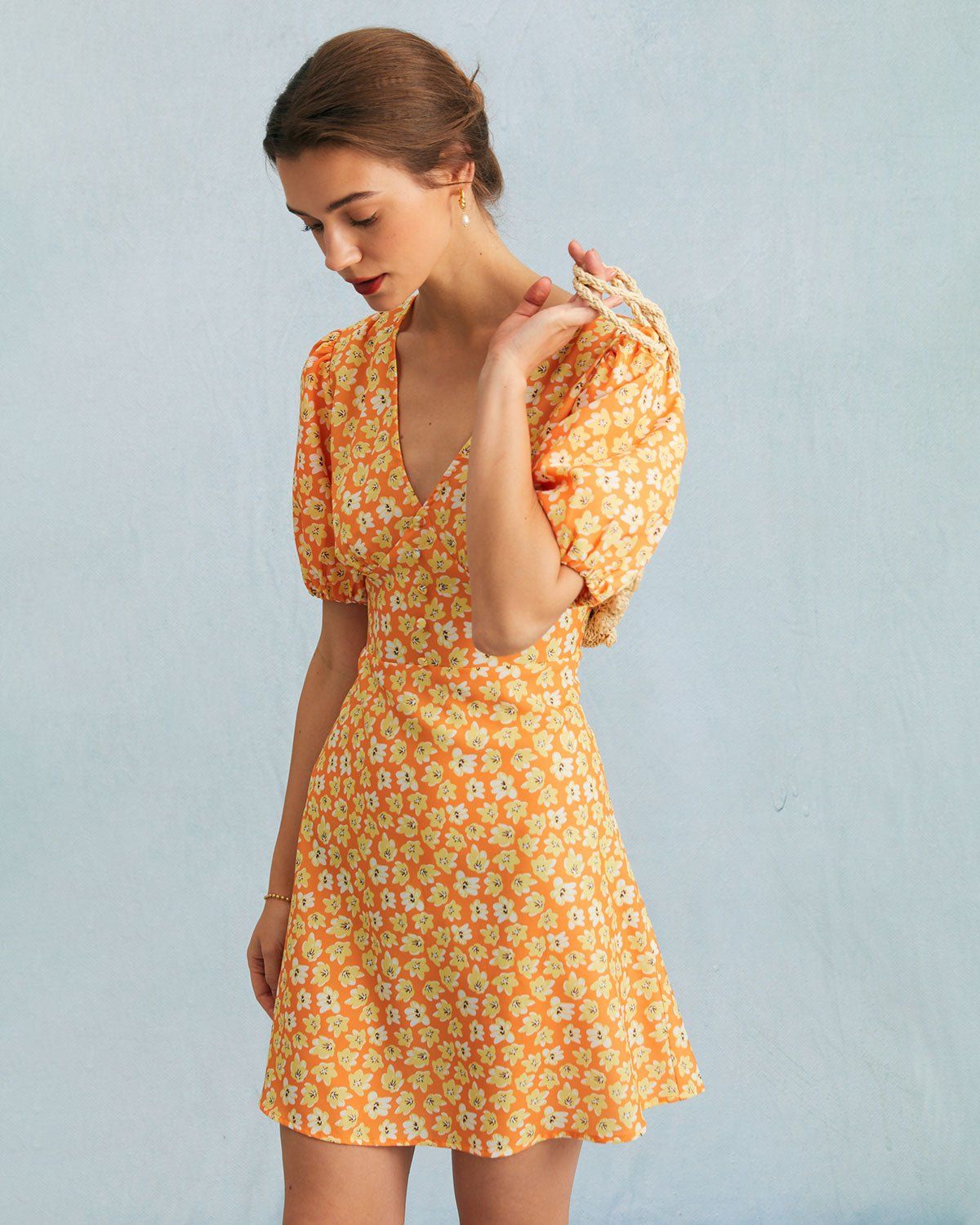 The Orange V Neck Floral Puff Sleeve Mini Dress sold by rihoas product image thumbnail 2