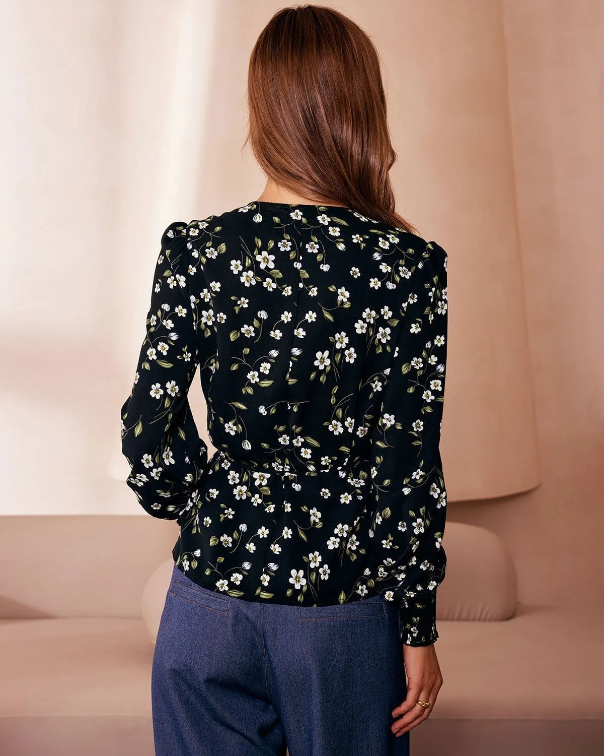The Black V Neck Floral Shirred Wrap Blouse sold by rihoas product image thumbnail 4