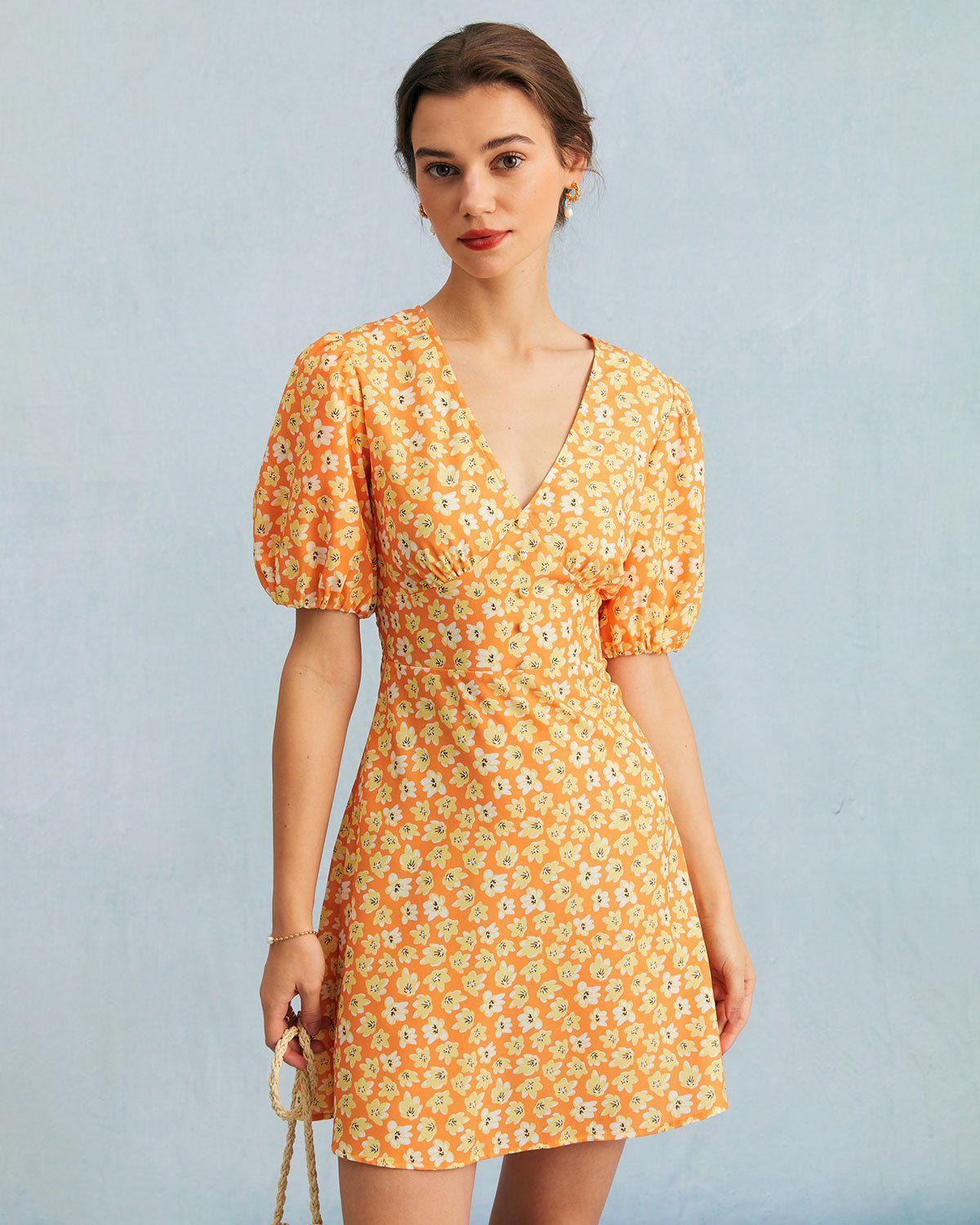 The Orange V Neck Floral Puff Sleeve Mini Dress sold by rihoas product image thumbnail 3