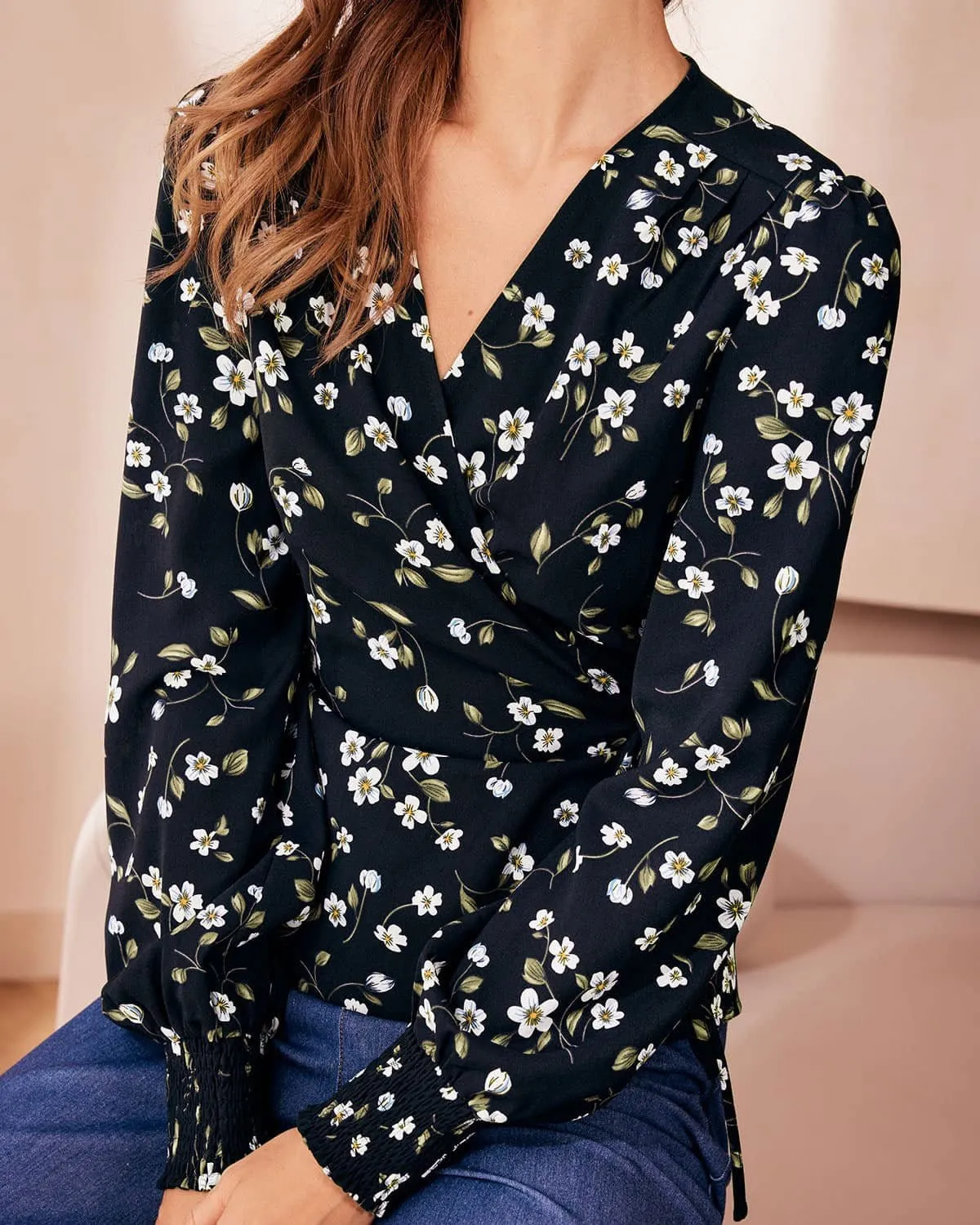 The Black V Neck Floral Shirred Wrap Blouse sold by rihoas product image thumbnail 2