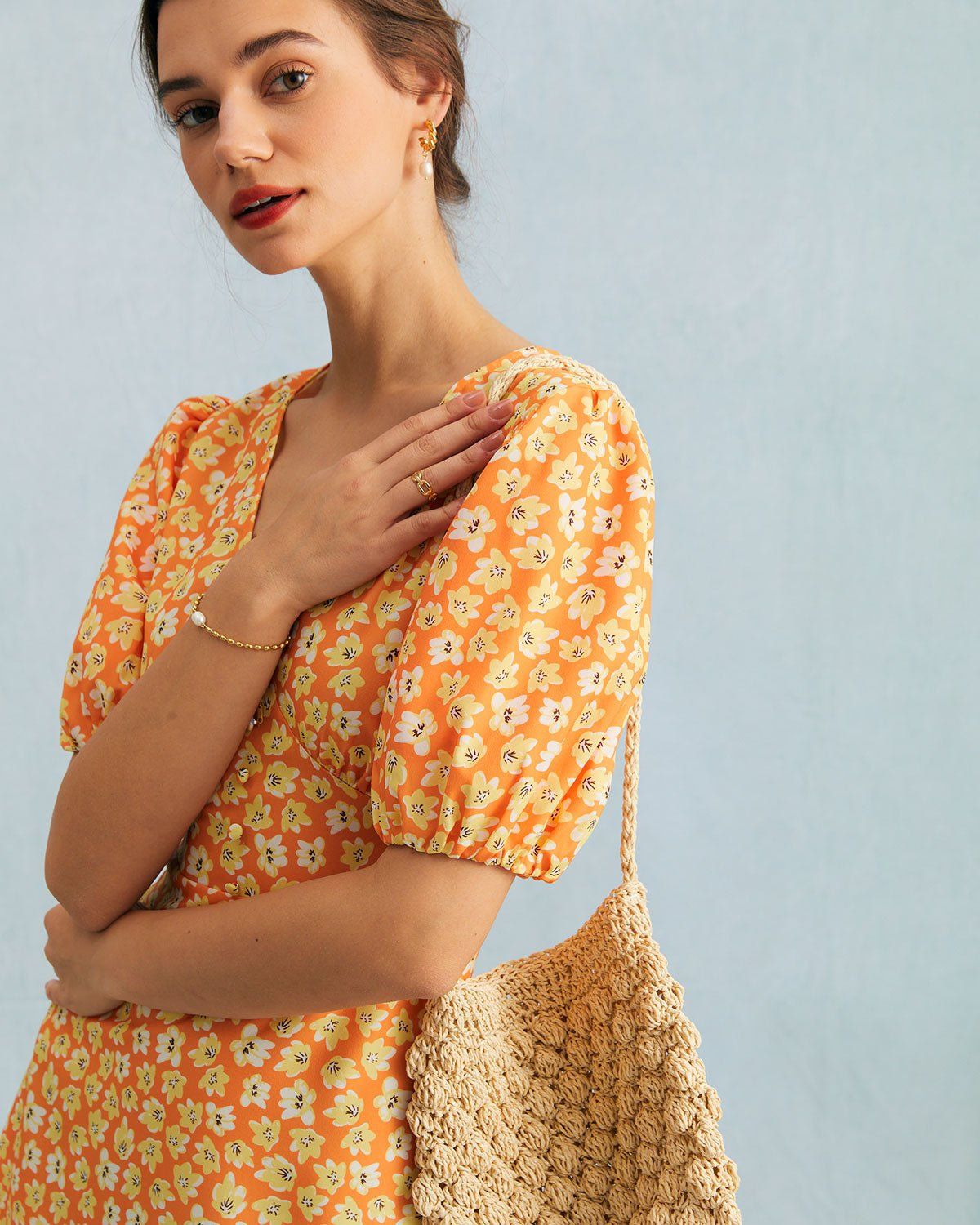The Orange V Neck Floral Puff Sleeve Mini Dress sold by rihoas product image thumbnail 4