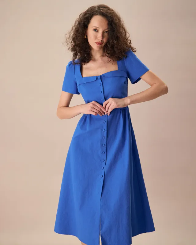 The Blue Sweetheart Neck Button Midi Dress sold by rihoas