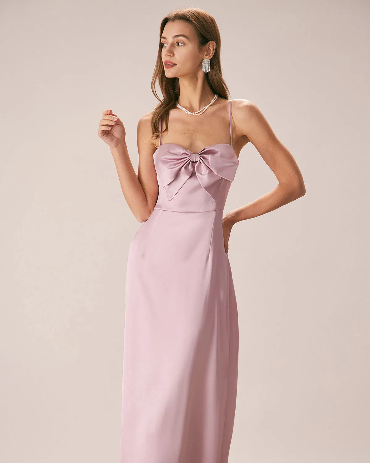 The Pink Bowknot Satin Strap Maxi Dress sold by rihoas product image thumbnail 4
