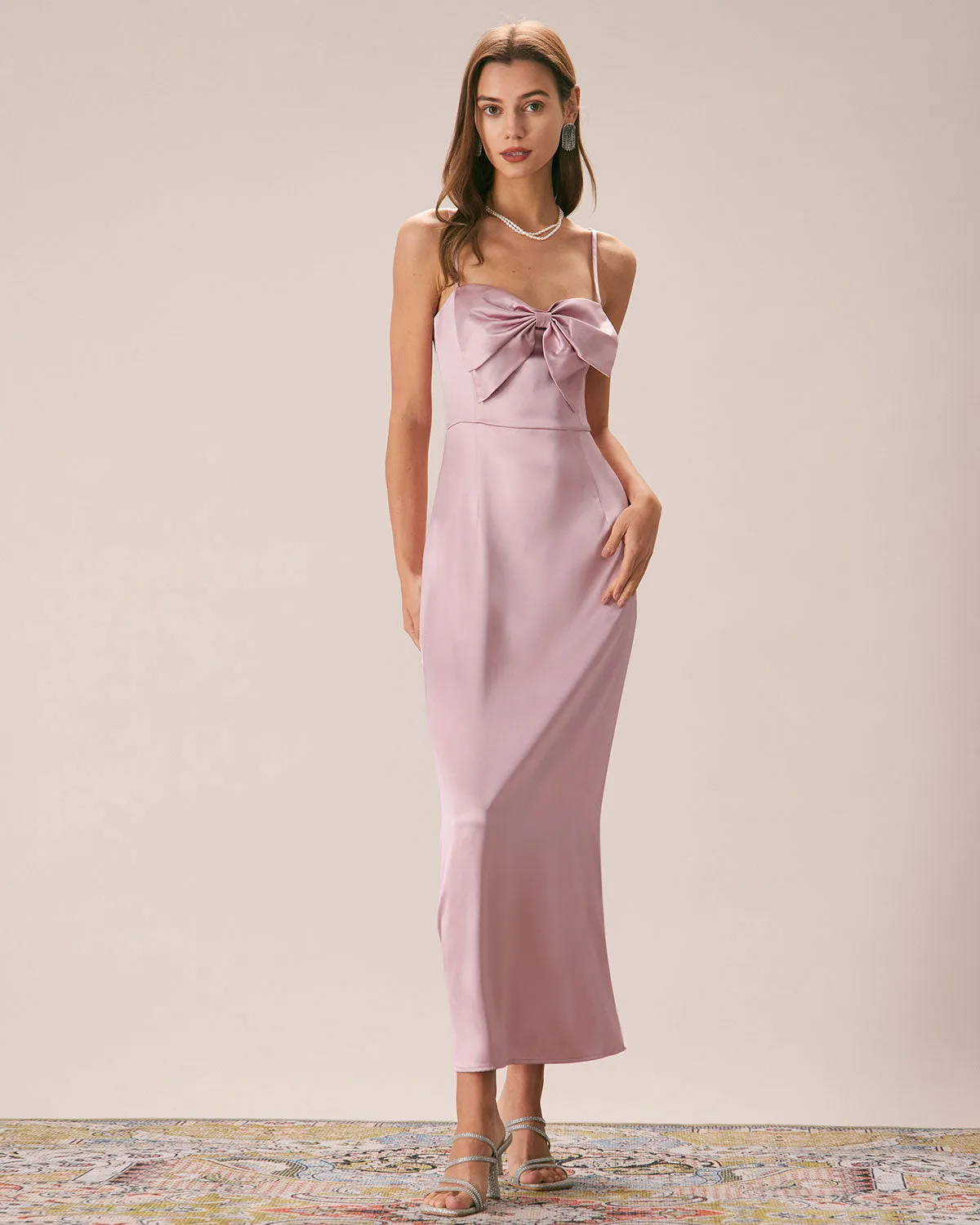 The Pink Bowknot Satin Strap Maxi Dress sold by rihoas product image thumbnail 3