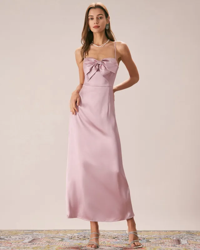 The Pink Bowknot Satin Strap Maxi Dress sold by rihoas