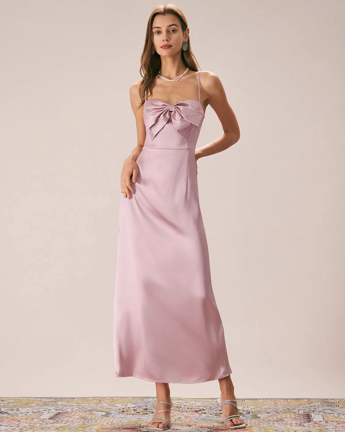 The Pink Bowknot Satin Strap Maxi Dress sold by rihoas
