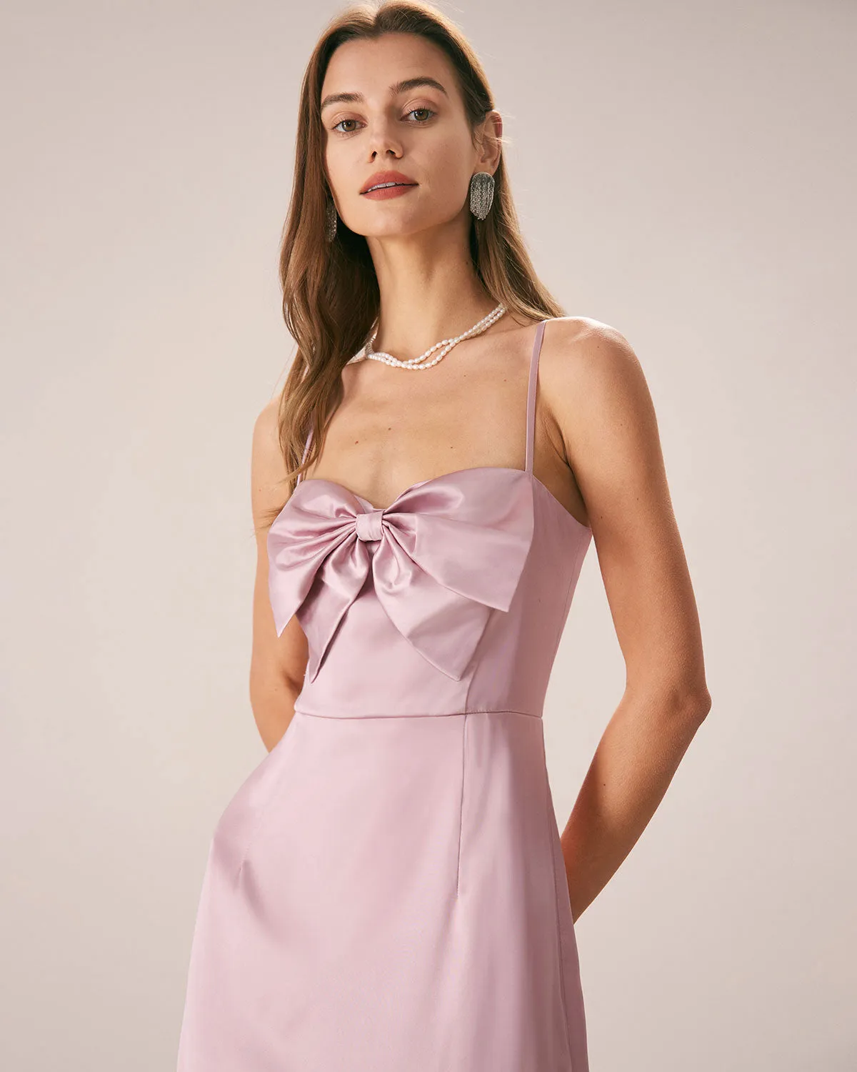 The Pink Bowknot Satin Strap Maxi Dress sold by rihoas product image thumbnail 2