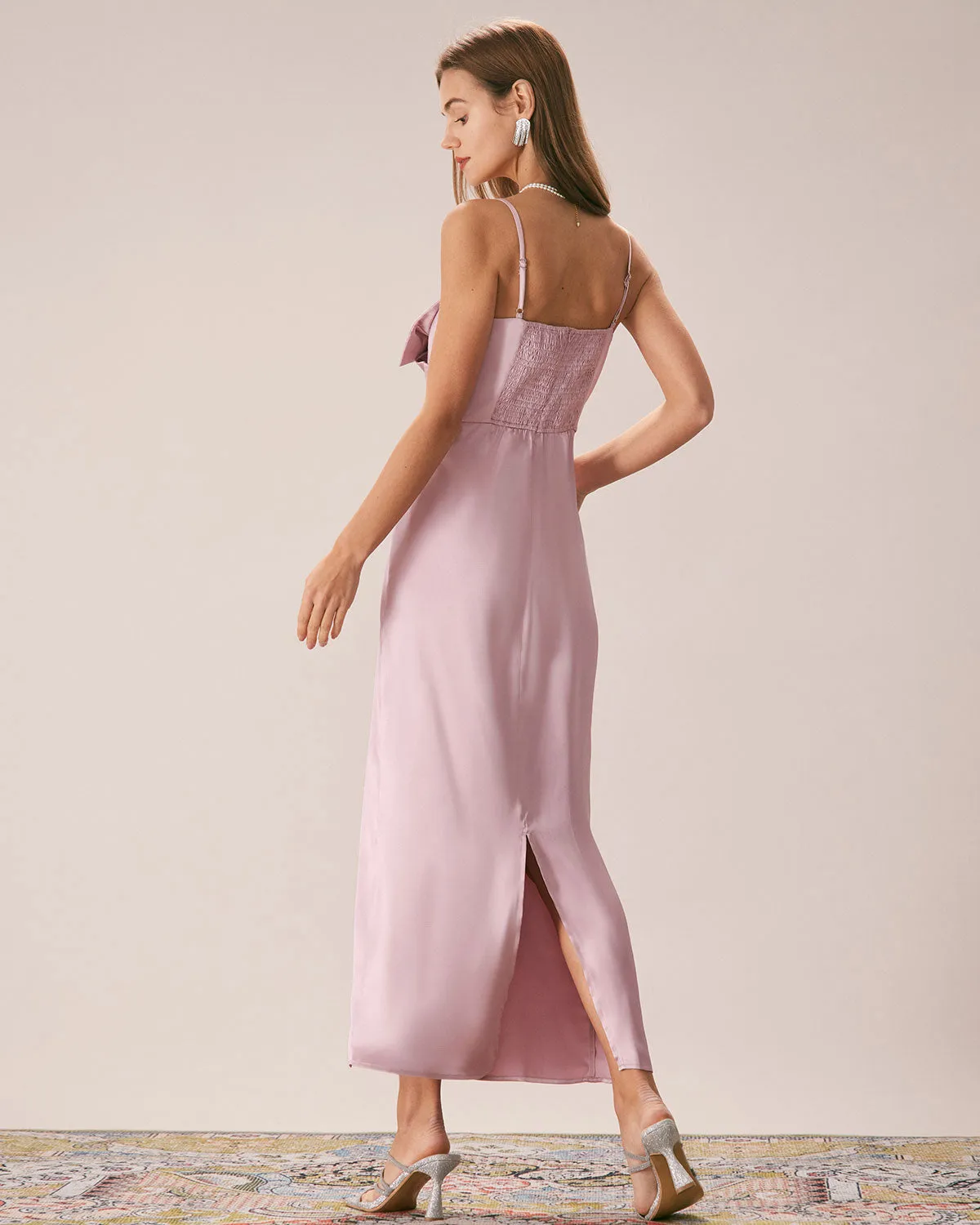 The Pink Bowknot Satin Strap Maxi Dress sold by rihoas product image thumbnail 5