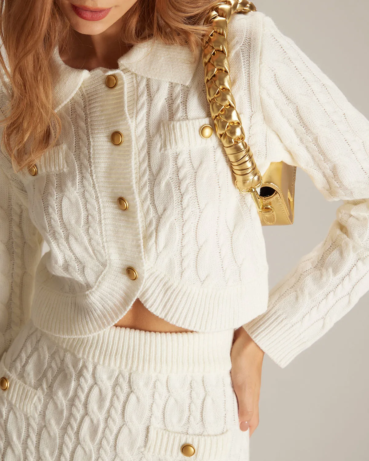 The White Lapel Ribbed Button Cable Cardigan sold by rihoas product image thumbnail 5