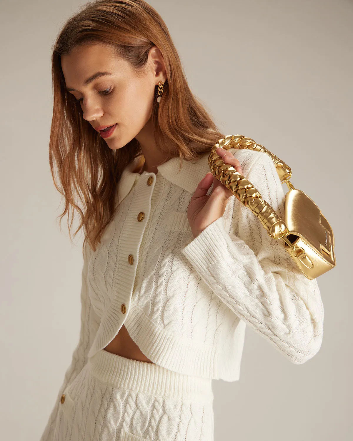 The White Lapel Ribbed Button Cable Cardigan sold by rihoas product image thumbnail 4