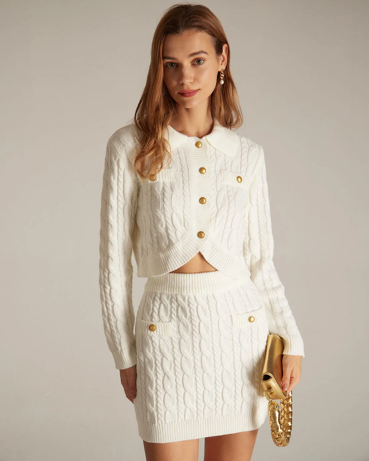 The White Lapel Ribbed Button Cable Cardigan sold by rihoas product image thumbnail 3