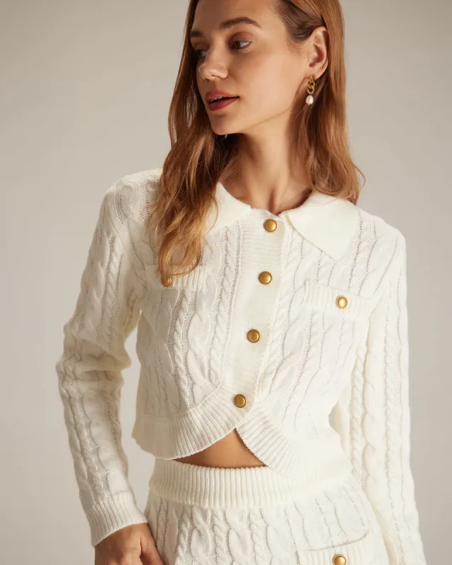 The White Lapel Ribbed Button Cable Cardigan sold by rihoas