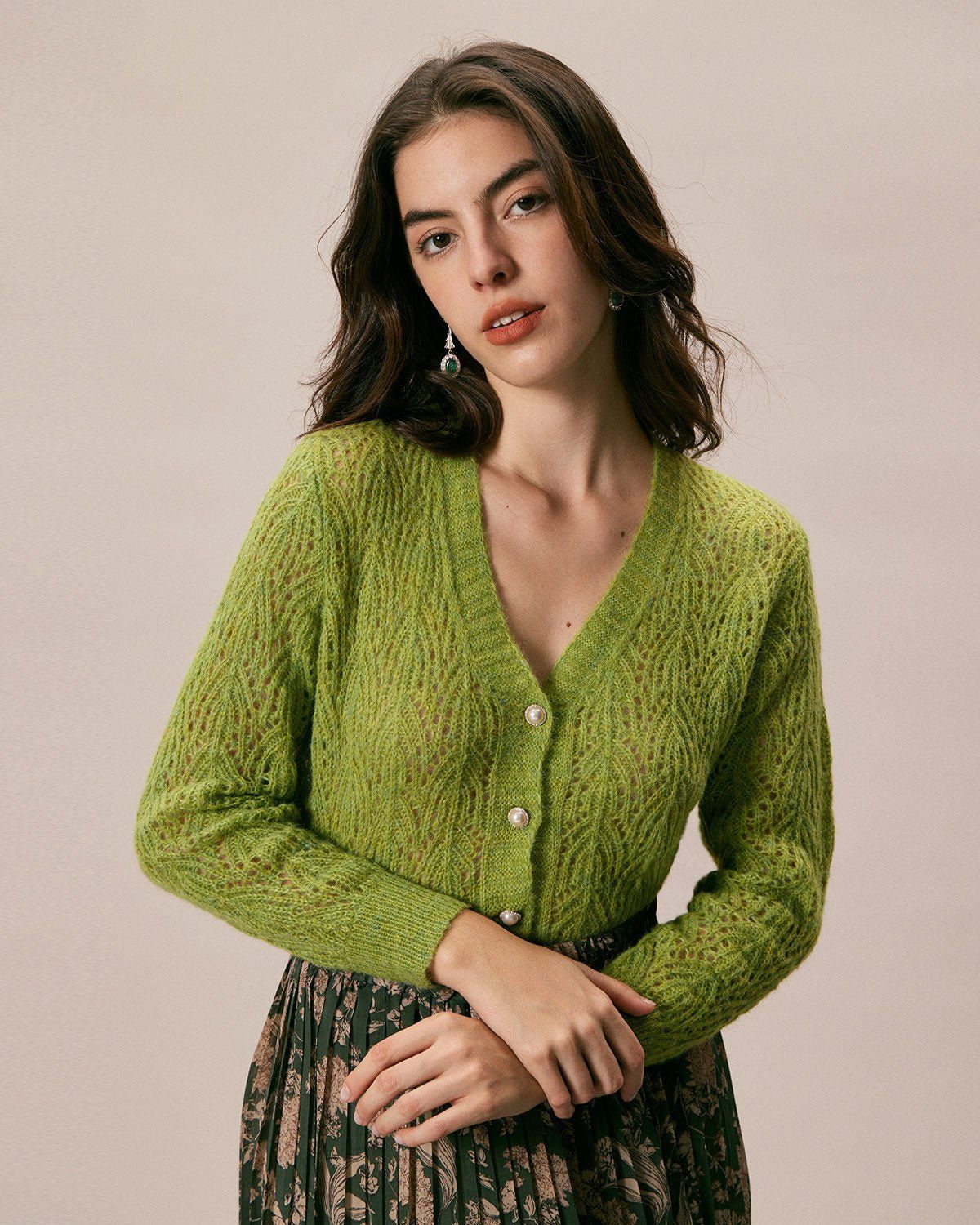 The Green V Neck Pointelle Button Cardigan sold by rihoas