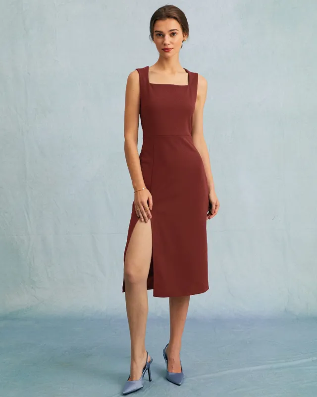 The Red Square Neck Side Slit Sleeveless Midi Dress sold by rihoas