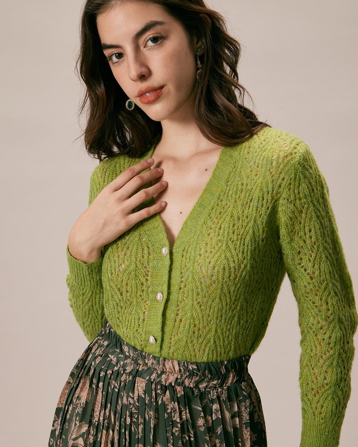 The Green V Neck Pointelle Button Cardigan sold by rihoas product image thumbnail 4